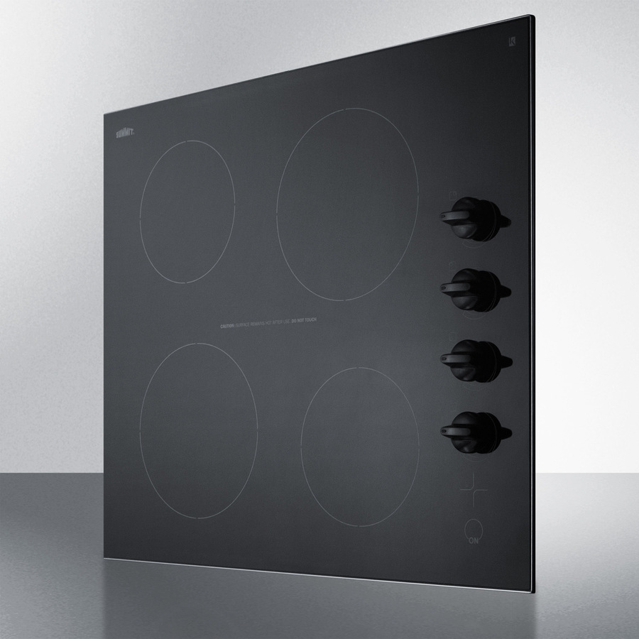 Indicator Lights Summit Appliance CR4B242BL 24 Wide 230V 4-Burner Radiant Cooktop in Smooth EuroKera Black Ceramic Glass Surface Side-mounted Control Panel Push-to-turn Knobs